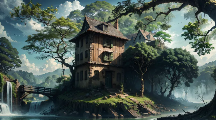 Gigantic colorful trees with many vines, palmeiras, coqueiro, fallen logs, a watermill with a waterwheel, moinho de vento, numa cachoeira exuberante, rio com grandes rochas hiper realista, sky with clouds, sol, lua, global ilumination, profundidade de camp...