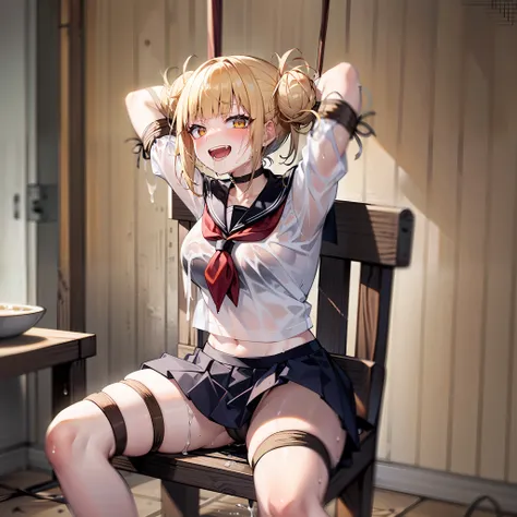 toga tied to a chair in a basement, blonde hair, restraint, bdsm, restrained legs, restrained arms, bound, bound to chair, rope,...