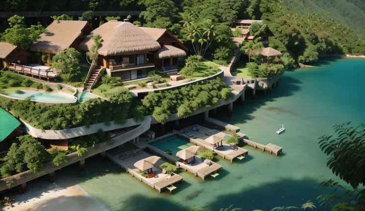bungalow located on the natural blue sea, a few small houses on the mountain, dense forests,earth wall, coconut leaf roof, thatched roof, brick path, jetty, coconut trees around, lots of trees, road, surreal, 8k, HD, very realistic render, highly detailed ...