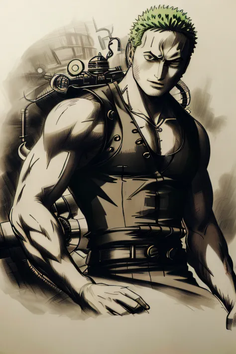 A captivating greyscale pencil drawing capturing the fearless Roronoa Zoro from the anime series One Piece, portrayed in a detailed portrait that extends till his torso. Zoro is depicted wearing a mesmerizing steampunk-inspired dress, adorned with intricat...