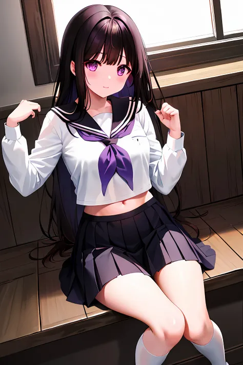 1 female、eru sentanda、long、a dark-haired、student clothes、purple eye、white shirt、white socks、pleatedskirt、bangss、black sailor col...