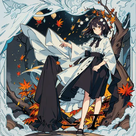 masterpiece, fine detail, 4k, 8k, 12k, solo, two people, beautiful girl, white woman, shameimaru sentence, autumn leaves, autumn...