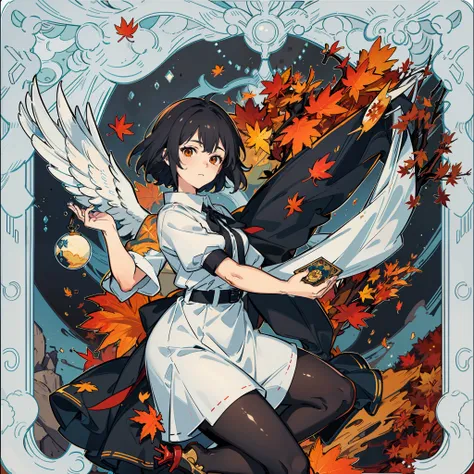 masterpiece, fine detail, 4k, 8k, 12k, solo, two people, beautiful girl, white woman, shameimaru sentence, autumn leaves, autumn...