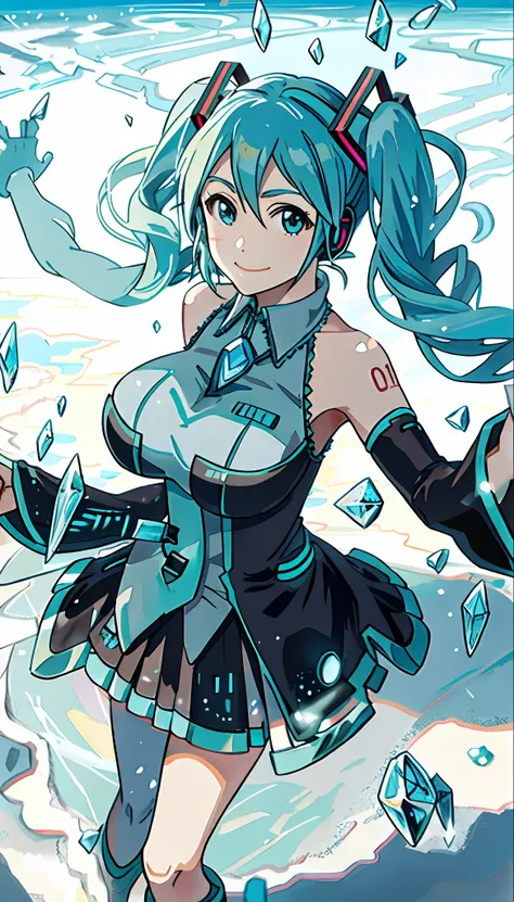 hatsune miku、machanical limbs、a large breast、a slight smile、icemagicai