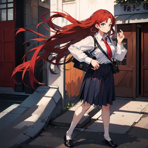 Depiction of a long-haired young woman with a briefcase, one girl, solo, Hong Meiling, school uniform, gohei, skirt, shoes, white school uniform, white polo shirt, blue tie, blue pleated skirt, socks, Mary Janes , School background, Alternate costume, Long...