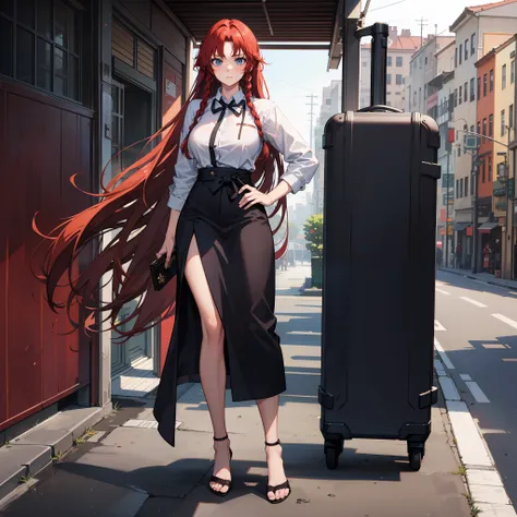 Portrait of a long-haired young woman holding a briefcase, 1 girl, Solo, Hong Meiling, Judo uniform, Dojo background, Alternate costume, Red hair, Full body, Looking at viewer, Long hair, Big breasts