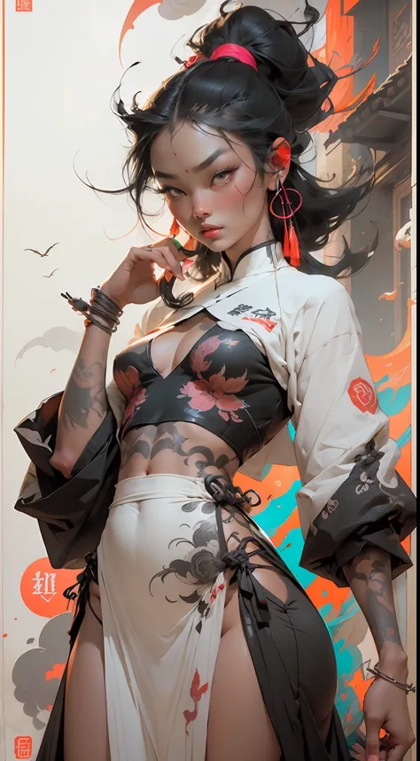 wuxia,vector art,1ebony woman with tattoos,black hair,white clothes,super colorful,luminous colorization,sharp, cinematic,dof,35mm,pintura luminosa