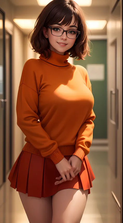 masterpiece, depth of field, photorealistic, absurdres, best quality, 8k, best quality, 1girl, female, young, portrait, perfect lighting, cinematic lighting, looking at viewer, velma dace dinkley, (perfect body), solo, blush, breasts, brown eyes, (dark b...