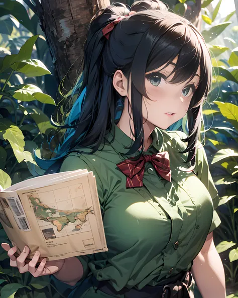 ((illustration of training blonde adventurer at Amazon jungle), Masterpiece, best quality, (absurdres)), ((highres)), (ultra-detailed:1.3), (cowboy shot:1.3), (1 girl:1.3), character focus, BREAK, (wearing a adventurer outfit:1.3, green shirts, shorts), B...