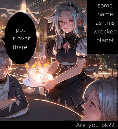 anime girl in maid outfit with a plate of cake and a woman in a maid outfit, another planet, colored manga panel, on another planet, in an anime style, weird planet, ((oversaturated)), destroyed planet, in anime style, color manga panel, coloured manga sca...
