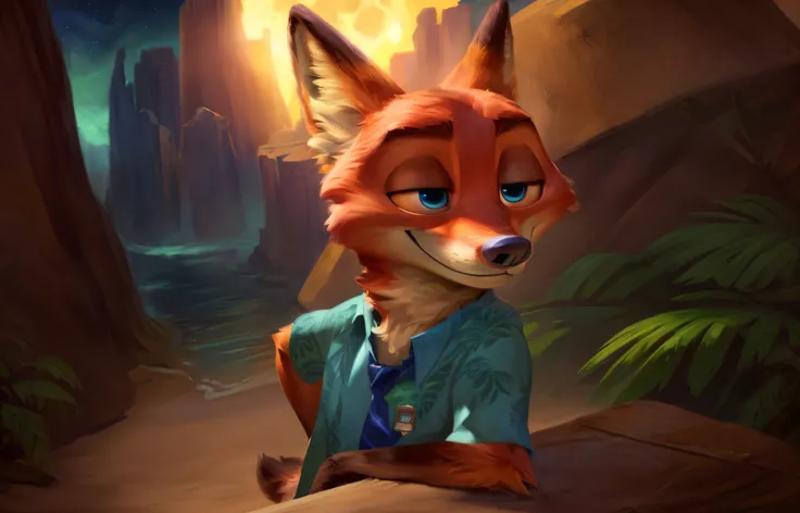 uploaded on e621, by Pixelsketcher, by Bayard Wu, by Thomas Benjamin Kennington , by Einshelm, solo (((wildlife feral))) (((nick wilde))) with ((neck tuft)) and (fluffy tail) and ((clear navy blue eyes)), (( portrait)), BREAK, ((wear green and blue hawaii ...