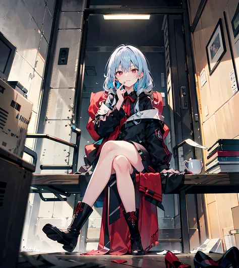 best quality at best，1girll，solo，light blue hair，red eyes，dark environment，disdain，sitting position，look up at the perspective，s...