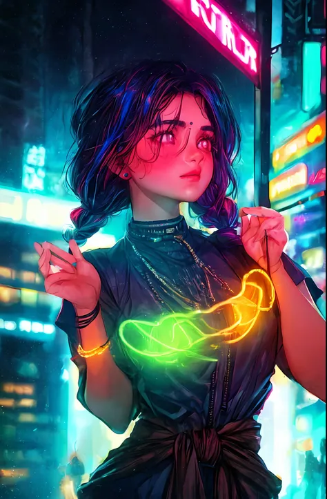 anupama, 1girl,creative hair,rainbow hair,city streets,fisheye,neon cold lighting, cyberpunk, blush, waist shot,detailed face de...