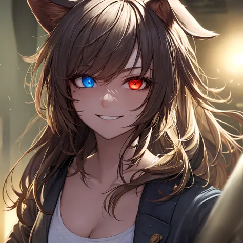 messy hair, hair adornments, moles under eyes, furrowed brows, raised eyebrows, heterochromia, animal ears, light smile, anime s...