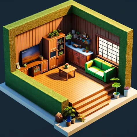 isometric view of the sim-like living room, sim, 3dmodel, cottagecore, sim, cozily, blueprint, game concept