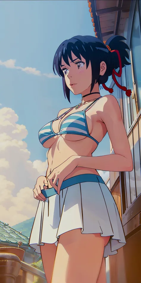 miyamizu_mitsuha,Blue and white striped bikini swimsuit,
jewely,hands on the chest,ssee-through,looking at viewert,hair adornments,choker necklace,is shy,
(tmasterpiece,top-quality,best qualityer,offcial art,Beauty and aesthetics:1.2),(1个Giant Breast Girl)...
