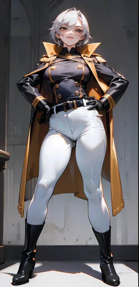 Mature female, standing, full body, authority, leather outfit, dominant, (muscular:0.5), long sleeves, black gloves, double-breasted, (black knee-high boots:1.4), (white pants:1.2), slim, devious, seductive, evil, confident, harness, belt, cape, standing, ...
