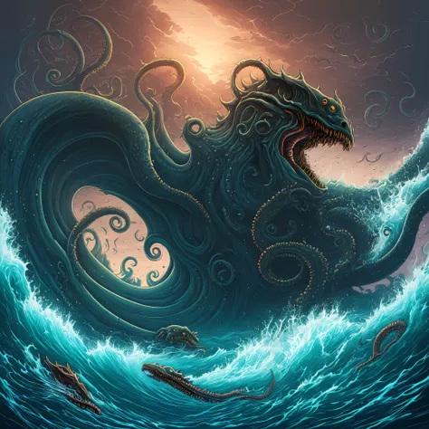 ultra realistic photo，large monster with red eyes on dark background, scary sea monsters, monsters on land, an ominous fantasy i...