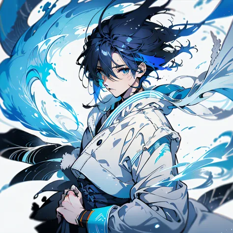 a painting of a man with blue hair and a white jacket, clean anime outlines, outline sketch, clear outfit design, thick outline,...