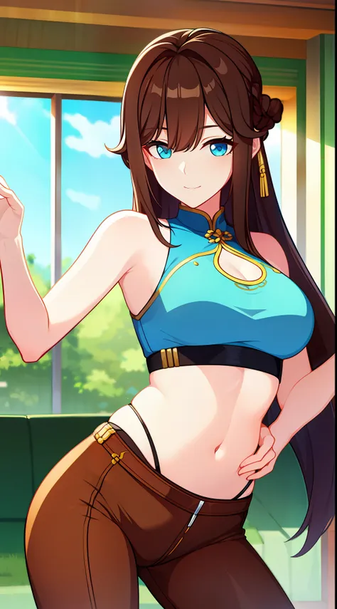 young girl, long brown hair, cyan eyes, blue chinese top, sleeveless, open belly, open breasts, breeches, ssmile, masterpiece, h...