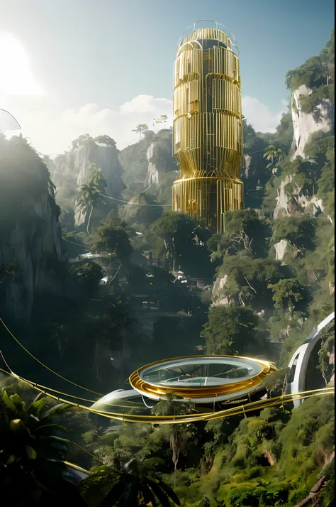 ((masterpiece, best quality)), 8k, one building in jungle. one tholl cylindrical shape, smooth surface, gold, futuristic archite...