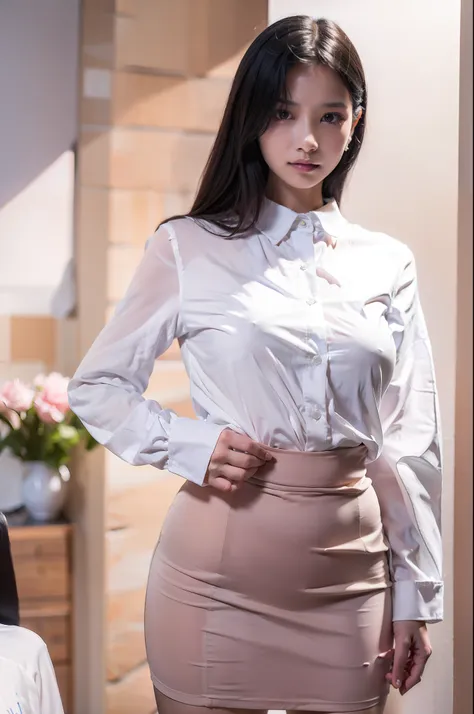 asian woman posing for photo in skirt and white shirt，in blouse wearing，in a white shirt，wearing a nice white shirt，in blouse we...