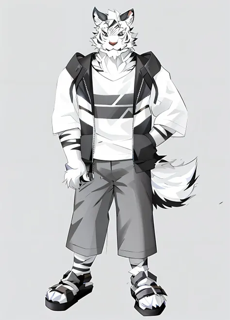 cartoon of a white tiger in a jacket and shorts, fursona wearing stylish clothes, full body portrait of a short!, a furry, gener...