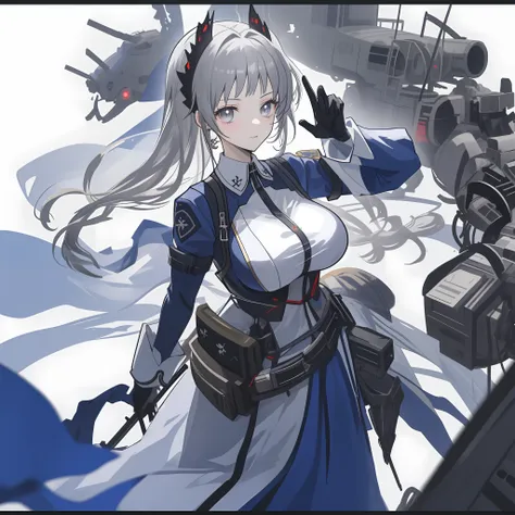 anime big breast、a sexy、girl vs、the dim，guns，army suit，blacksilk，long whitr hair，gray hair，machine girl，sci-fy