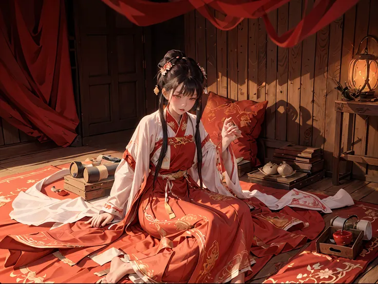 absurdres, ultra detailed, (1girl:1.3), hand drawn, simple line, 16year girl in red color chinese hanfu, on bed, barefoot, indoo...