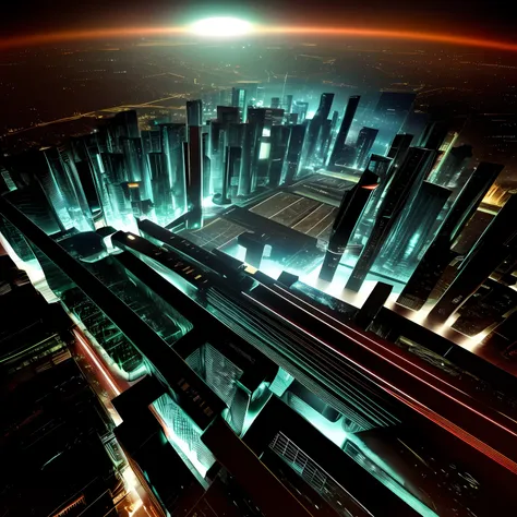 cyberpunk night view architecture，science fiction modern，complex building structures，look down from above --auto