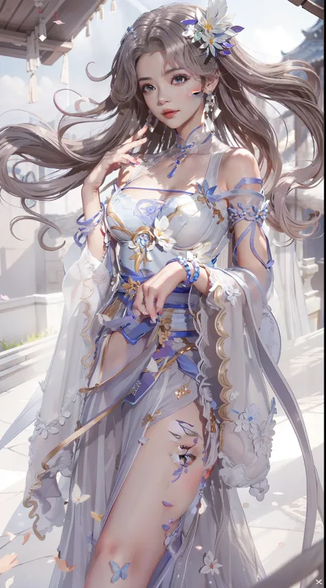 Concubine Luos hair was also the same as usual，Tie-up with a white butterfly ribbon，Reveal a face as white as coagulation。She wore a silver crystal necklace around her neck，A pair of silver butterfly earrings are also worn on his ears，In the sunlight, it i...