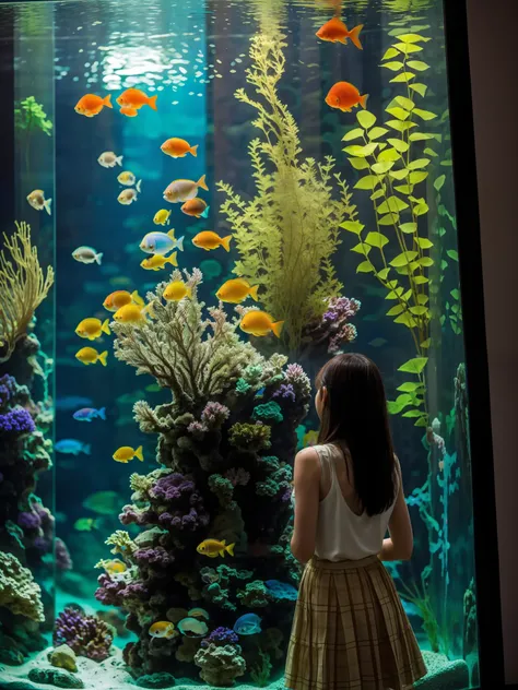 there is a woman standing in front of a fish tank, aquarium, big aquarium, standing under the sea, you see fishes, aquarium life...