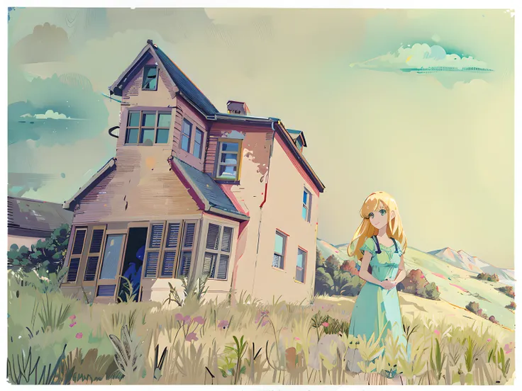 painting a woman in a blue dress standing in front of a house, the house is covered with green vines，anime countryside landscape...