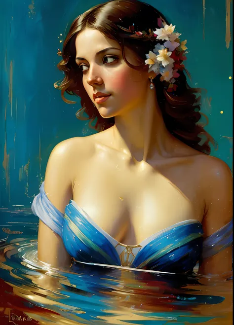 master part, best quality, Greek godess bathing in a lake below a night sky full of stars, appearing from paint to colored liquid oil, swirling ink, Cinematic lighting, Directed by: Karol Bak, Pose de corpo inteiro, ÂngelaBaby, ((Pintura, lona, Belas Artes...