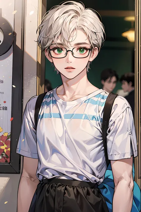 Short white hair,Wearing glasses,Green eyes,Vertical striped shirt,No bangs,((Boy student)),looks into camera,Pay attention to the proportions。