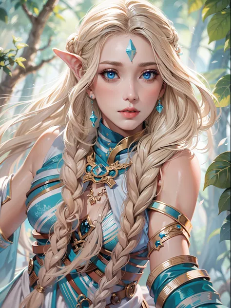 high quality art, eladrin from dnd in her spring form, long blonde braidlem hair with blue stripes, white skin with small blue t...