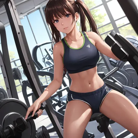 good hand, 4k, 1girl, ) a RAW portrait of a girl working out in the gym), perspiring, sweating, high resolution, masterpiece, best quality, head: 1.3, (Korean K-pop idol), chunli, twin tails, extremely cute and finely detailed skin, sharp focus, (cinematic...