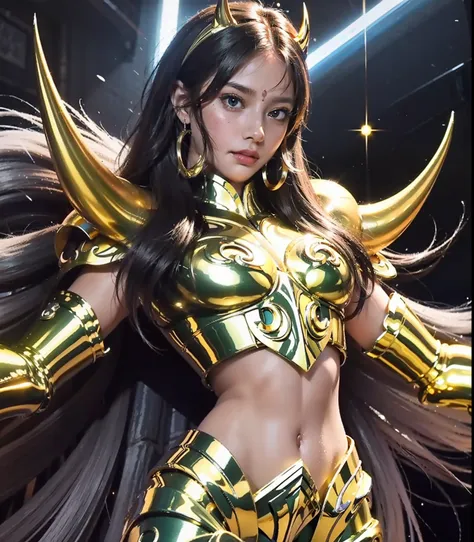 ultra-high saturation（tmasterpiece）， fully body photo，（best qualtiy）， （1girll）， wearing shiny gold armor， sexy lingerie type arm...