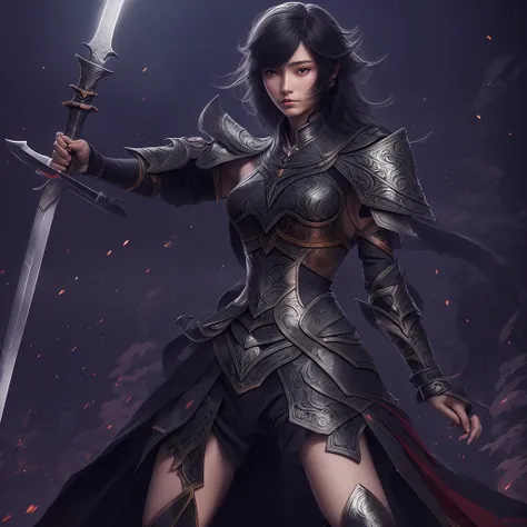 tmasterpiece, master masterpieces, female warriors of the future，black color hair，one-handed sword，enchanting light and shadow, ...