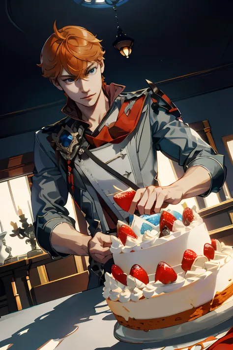 extremely delicate and beautiful, Amazing, finely detail, masterpiece, ultra-detailed, highres,best illustration, best shadow,intricate,sharp focus, high quality, 1 male solo, handsome, broad shoulders, orange hair, blue eyes, grey clothes, red scarf, dyna...