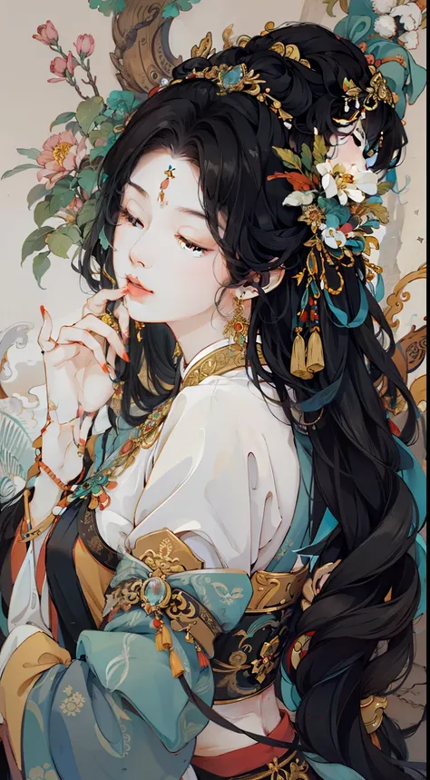 black_hair, 1girl, closed_eyes, long_hair, nail_polish, solo, jewelry,ancient art, chinese,