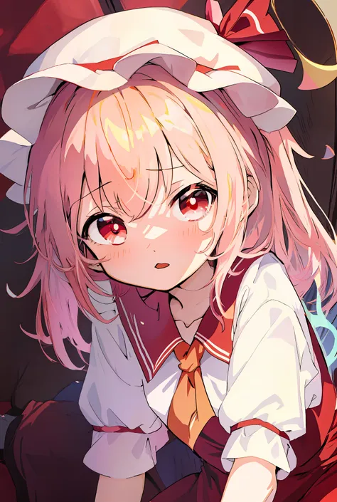 anime girl sitting on bed，there was a red blanket, splash art anime loli, anime visual of a cute girl, from touhou, magical girl...