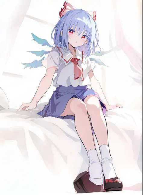 anime girl sitting on bed，there was a red blanket, splash art anime loli, anime visual of a cute girl, from touhou, magical girl...