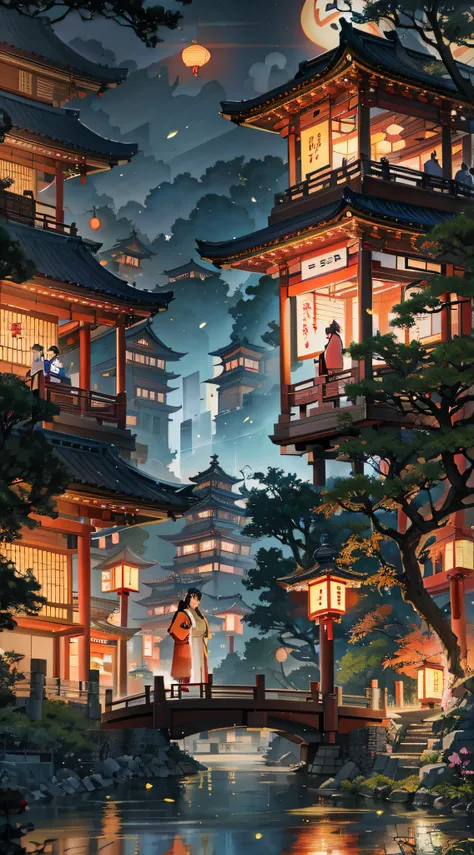 A painting of a couple standing on a bridge in front of a building, dreamy Chinese towns, Japan city, japanese town, Japanese art style, japanese city at night, japanese downtown, Anime background art, traditional japanese concept art, colorful kitsune city, cyberpunk japanese temple, beautiful anime scenes, Anime art wallpaper 4 K, Anime art wallpaper 4k, Rosla global lighting