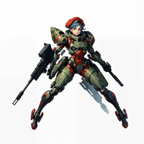 biorobots, soldier, no background, white background, full body shot, camouflage uniform, red beret, big gun, parts of the body a...