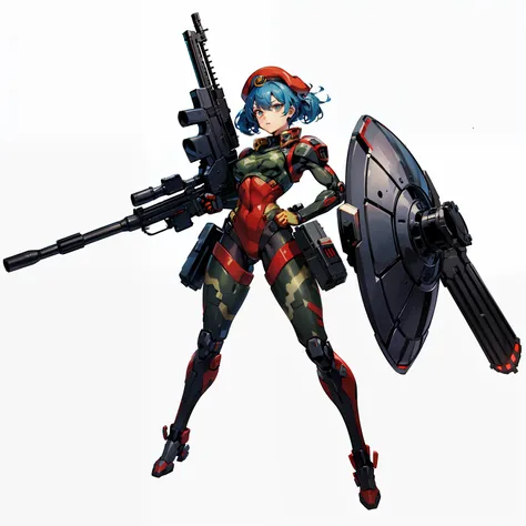 biorobots, soldier, no background, white background, full body shot, camouflage uniform, red beret, big gun, parts of the body a...