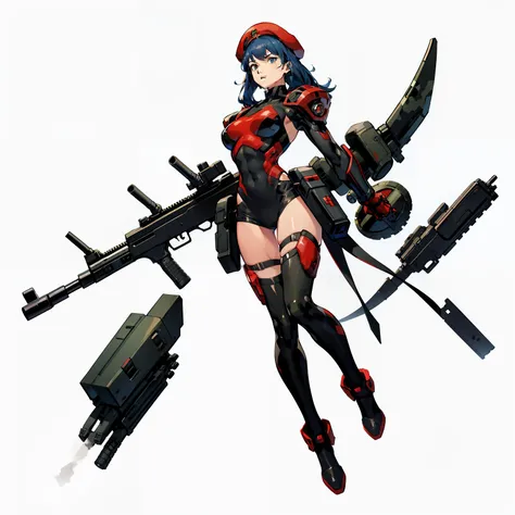 biorobots, soldier, no background, white background, full body shot, camouflage uniform, red beret, big gun, parts of the body a...