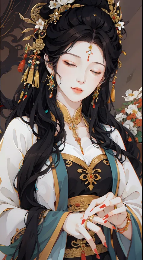 black_hair, 1girl, closed_eyes, long_hair, nail_polish, solo, jewelry,ancient art, chinese,