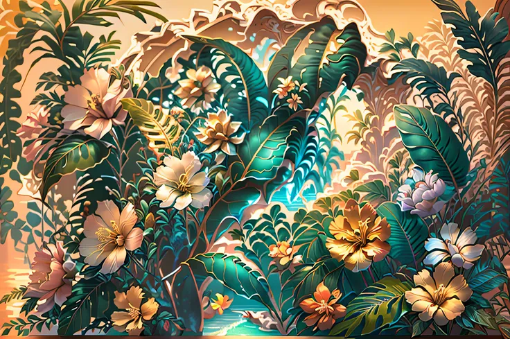 tropical flowers and wooden background with a frame for text, tropical background, blooming tropical flowers, background yellow and blue, beach sunset background, stylized background, tropic plants and flowers, vibrant & colorful background, floral sunset,...