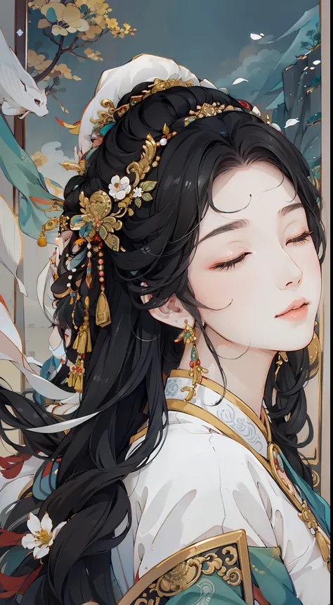 black_hair, 1girl, closed_eyes, long_hair, nail_polish, solo, jewelry,ancient art, chinese,